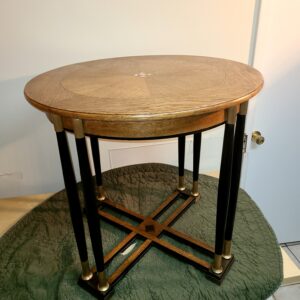 round art deco oak table with two matching side chairs